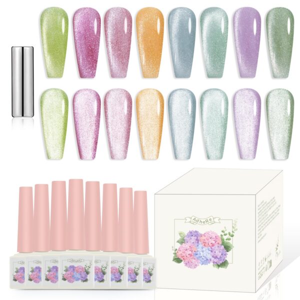 Version 1.0.0 Adhere 12ml 8pcs Candy Color Cat Eye Gel Nail Polish Kit with Magnet - Cat Eye Nail Polish Gel para uñas Glitter Shining Magnetic Varnish, UV/LED Needed