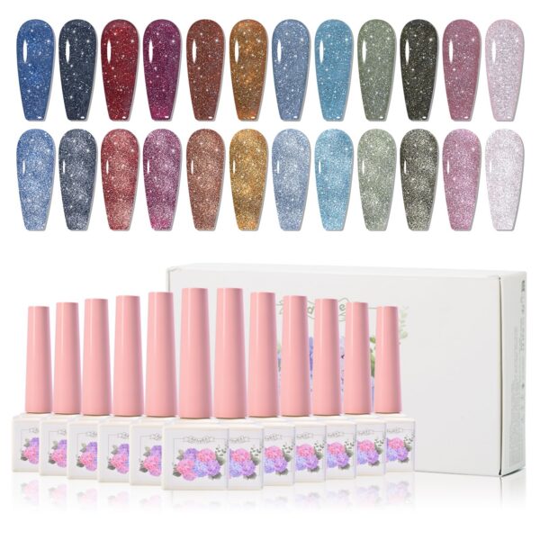 Version 1.0.0 ADHERE 12ml x 12pcs Diamond Glitter Gel Kit, Crushed Diamond Dazzling Nail Varnish, Sparkly Shiny Reflective Sequins Gel Polish, for DIY Nail Art Salon