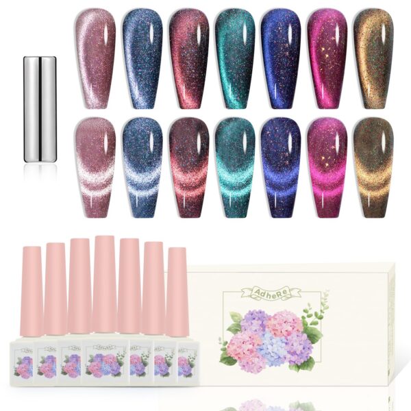 Version 1.0.0 ADHERE 7pcs 12ml Magnetic Cat Eye Nail Polish Gel Polish Set with Magnetic Stick, Soak Off UV Pink Blue Purple Brown Glitter Phantom Magnetic Gel Nail Varnish