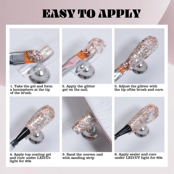 Version 1.0.0 ADHERE 7pcs Glitter Gel Kit with Brush, Sparkle Sequins Shimmery Gel Nail Polish for Nail Art Manicure Salon DIY at Home