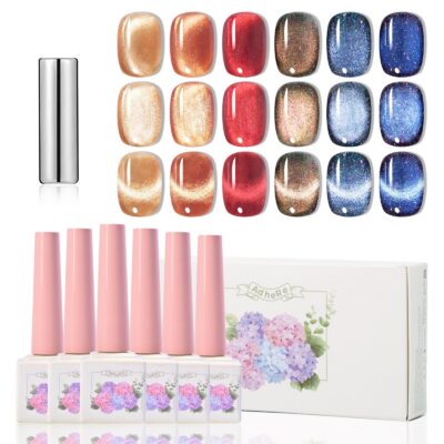 Version 1.0.0 ADHERE 12ml 6pcs Cat Eye Gel Nail Polish Kit with Magnetic Stick, Cat Eye Gel Polish Holographic Glitter UV LED Nail Varnish for Nail Salon DIY Design